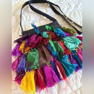 Silk Fringe Black Crossbody Hippy India Purse Bag Coachella Colorful